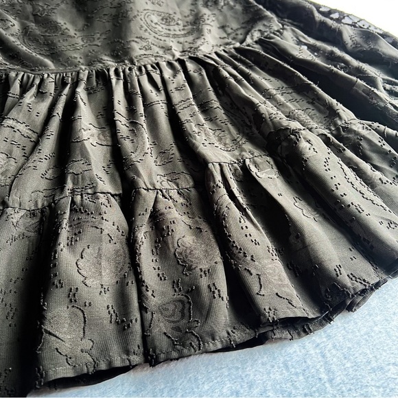Women’s Black Sheer Embroidered Mini Dress Ruffle Hem Long Sleeve Button Up - Picture 12 of 15